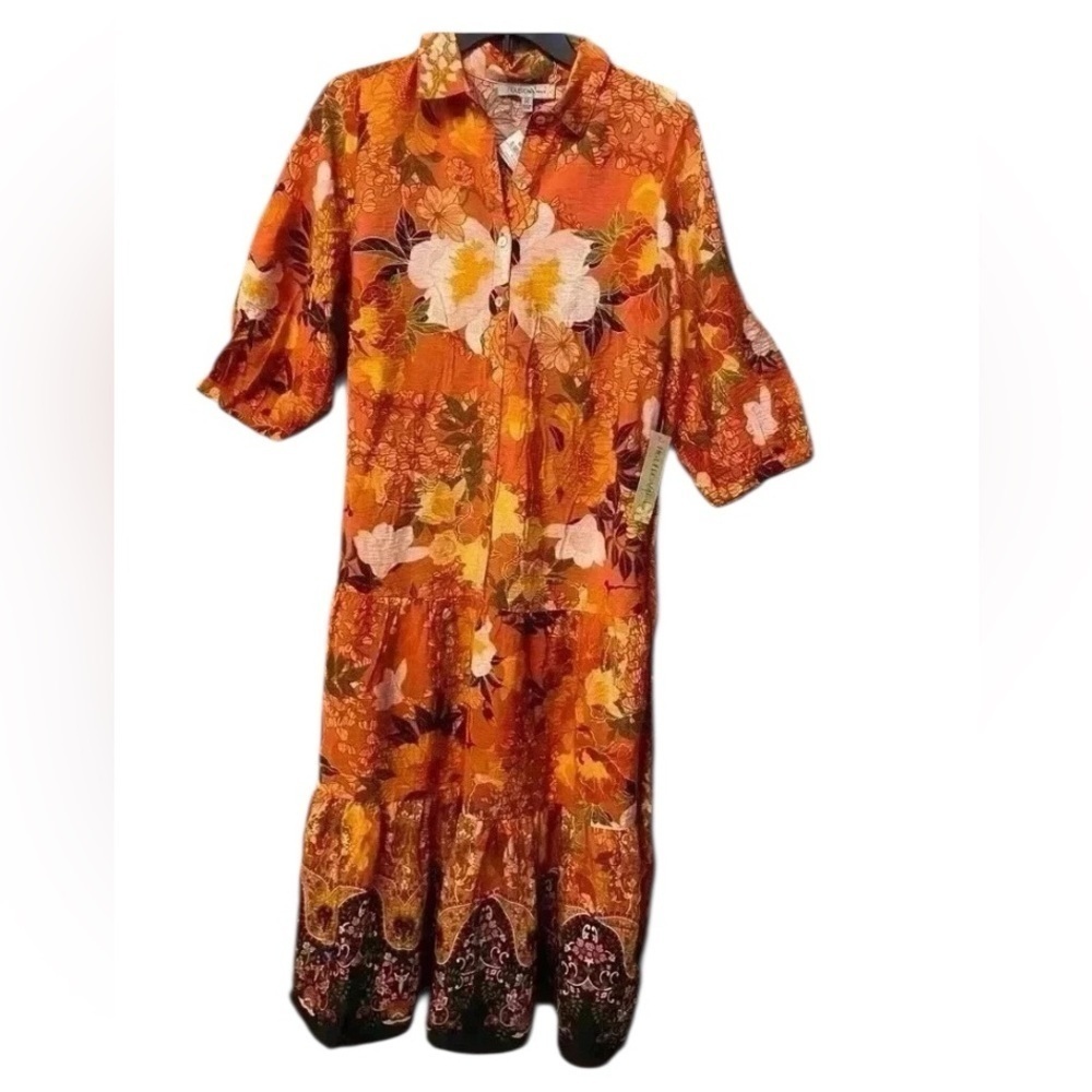 Figueroa Flower Women’s midi dress beautumn orange yellow black NEW Large